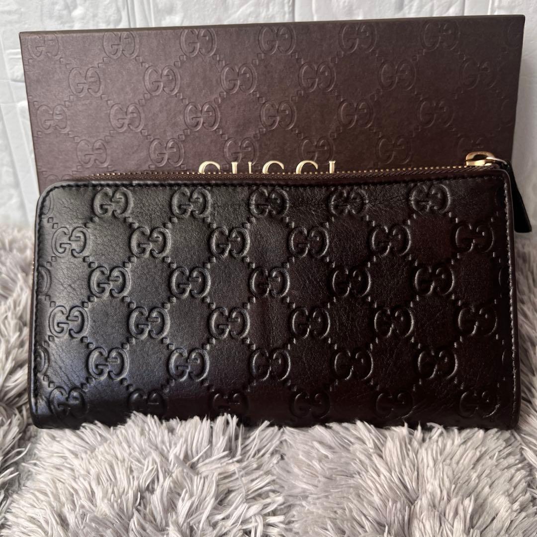 良品　GUCCI シマ　ラウンドファスナー　L字　ダークブラウン　長財布