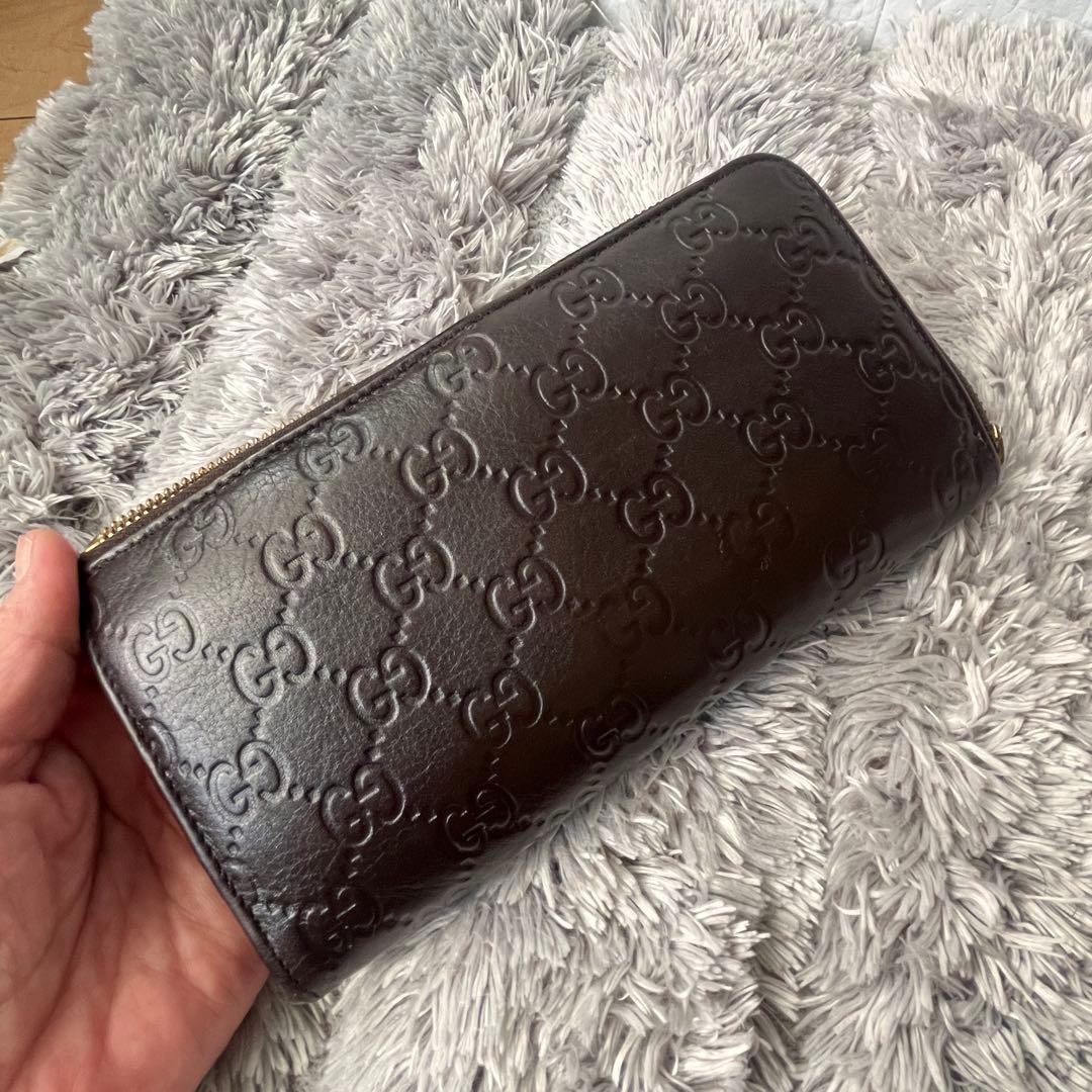 良品　GUCCI シマ　ラウンドファスナー　L字　ダークブラウン　長財布