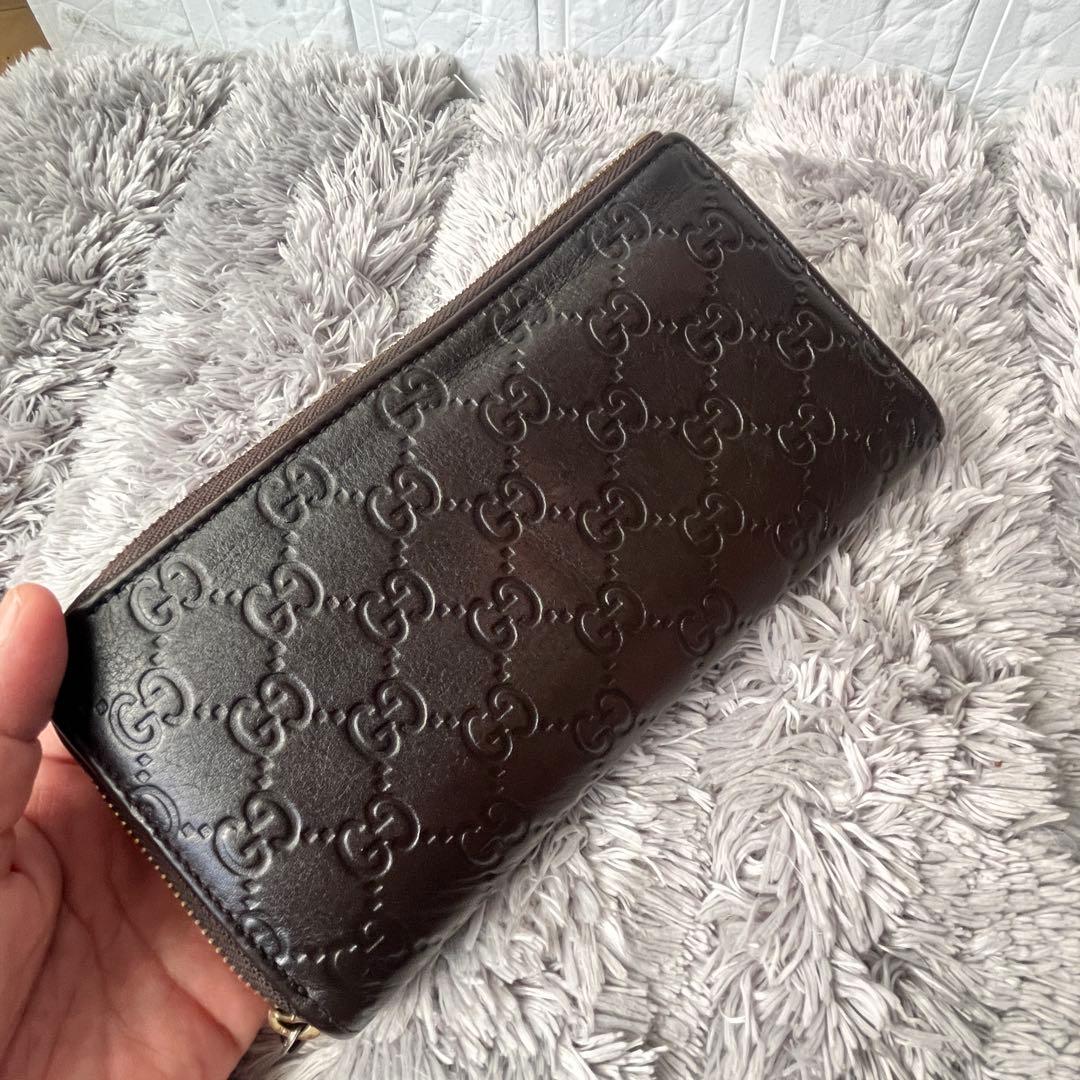 良品　GUCCI シマ　ラウンドファスナー　L字　ダークブラウン　長財布