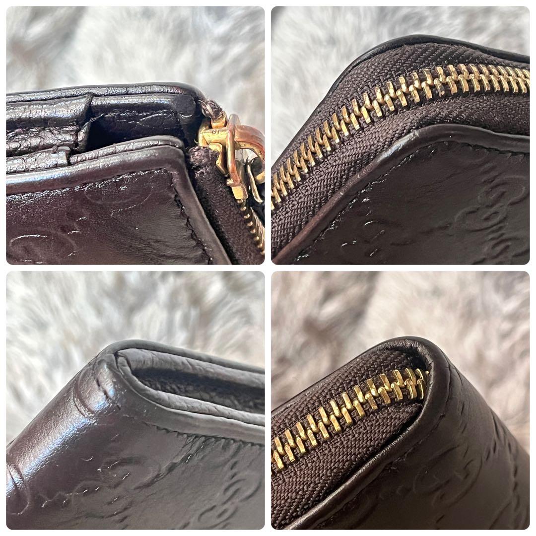 良品　GUCCI シマ　ラウンドファスナー　L字　ダークブラウン　長財布