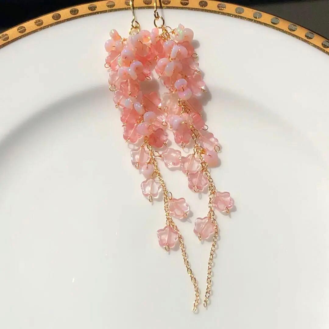 天然石♡はるうらら〜枝垂れ桜のスペシャルロングピアス14kgf