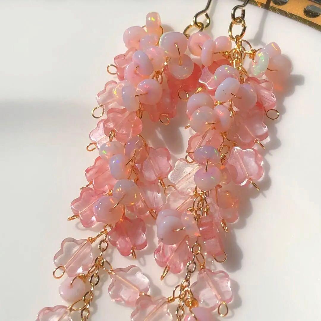 天然石♡はるうらら〜枝垂れ桜のスペシャルロングピアス14kgf