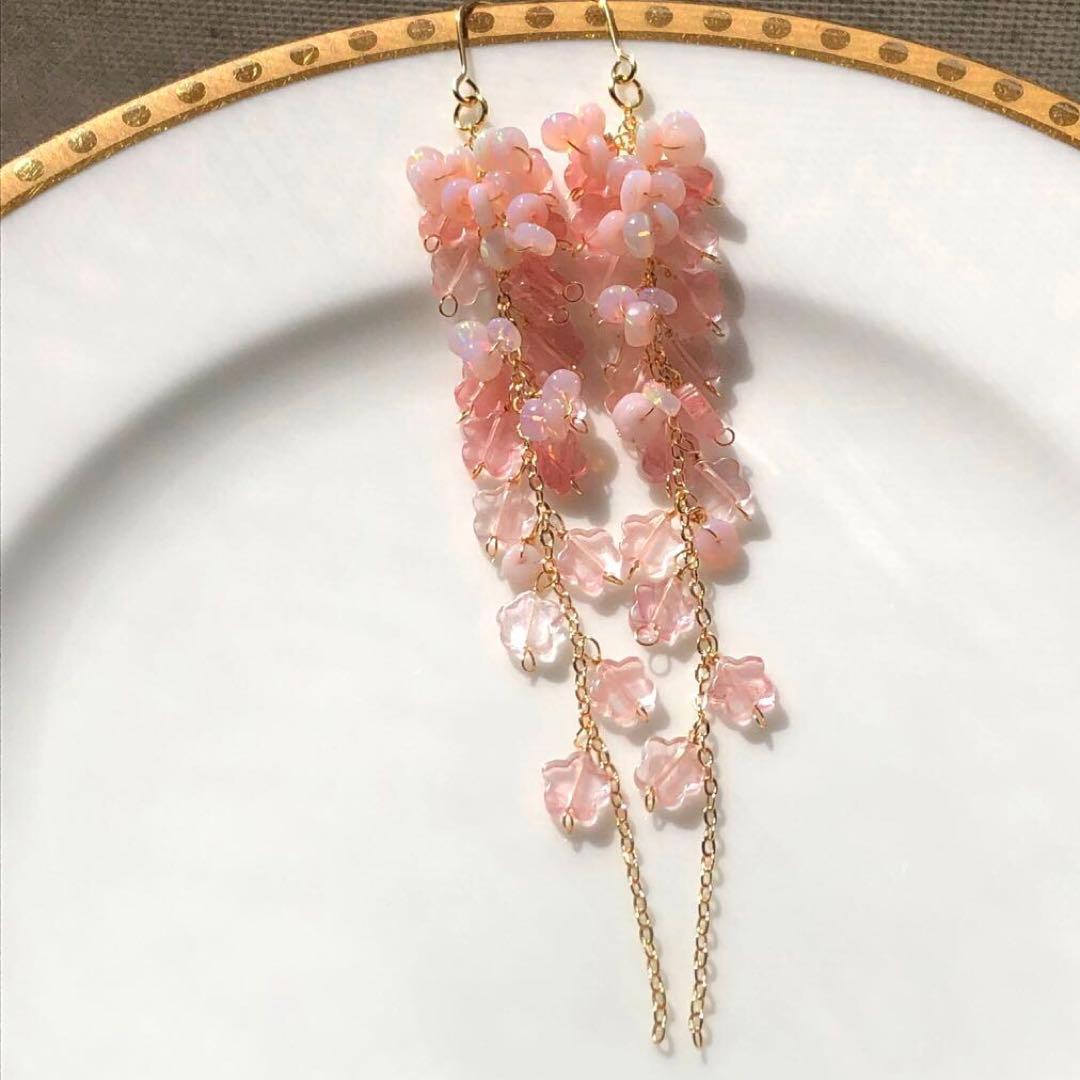 天然石♡はるうらら〜枝垂れ桜のスペシャルロングピアス14kgf