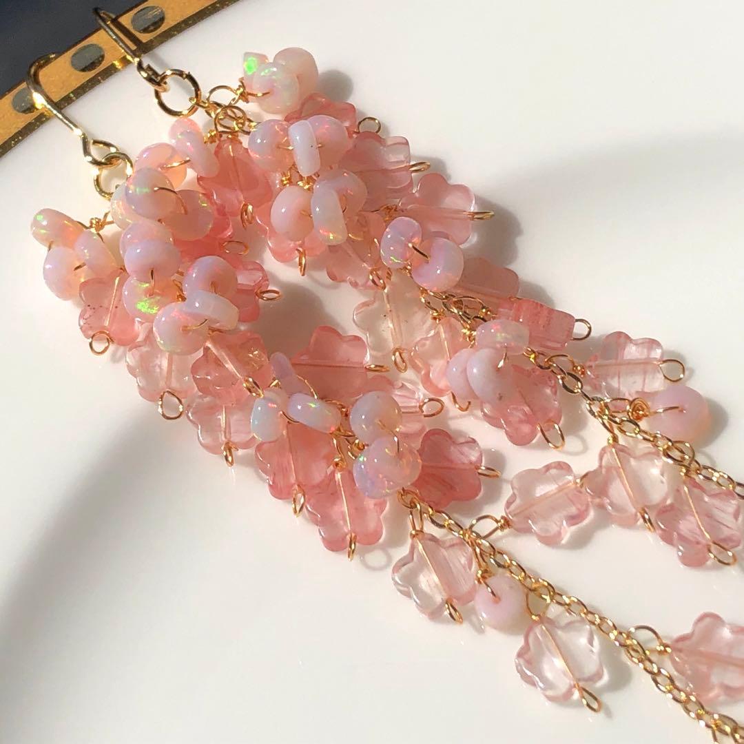 天然石♡はるうらら〜枝垂れ桜のスペシャルロングピアス14kgf