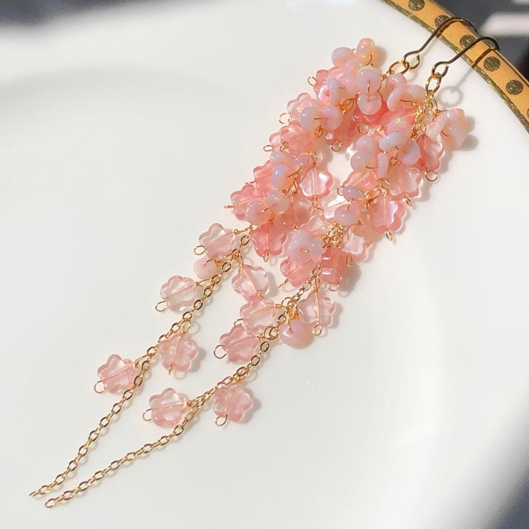 天然石♡はるうらら〜枝垂れ桜のスペシャルロングピアス14kgf