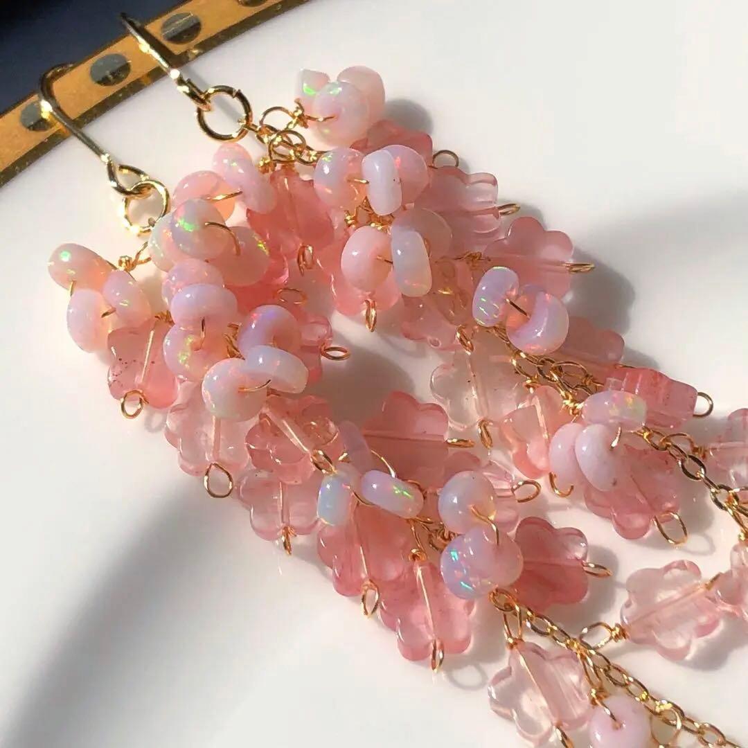 天然石♡はるうらら〜枝垂れ桜のスペシャルロングピアス14kgf