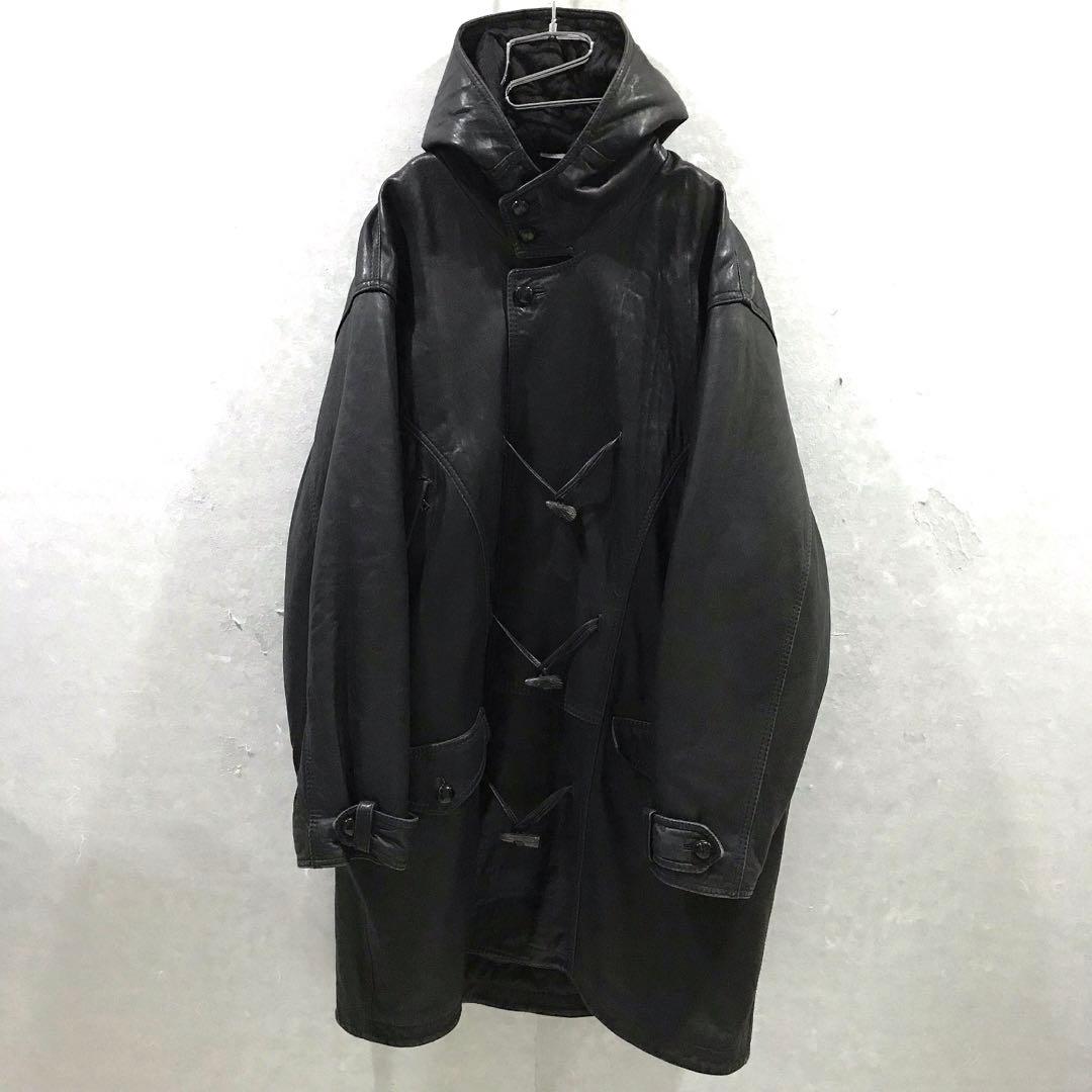 90s イタリア製 本革 ダッフル ロングレザーコート ブラック 44