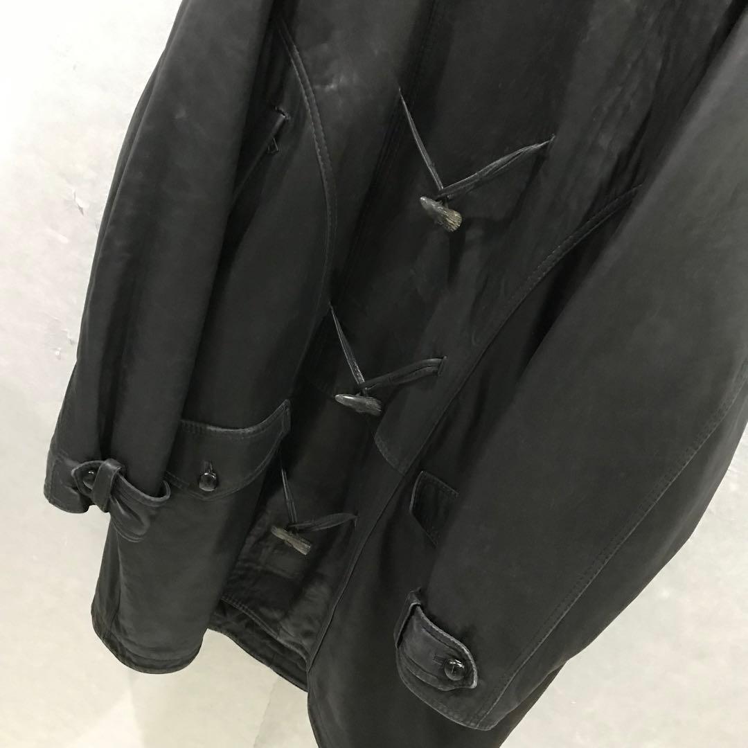90s イタリア製 本革 ダッフル ロングレザーコート ブラック 44