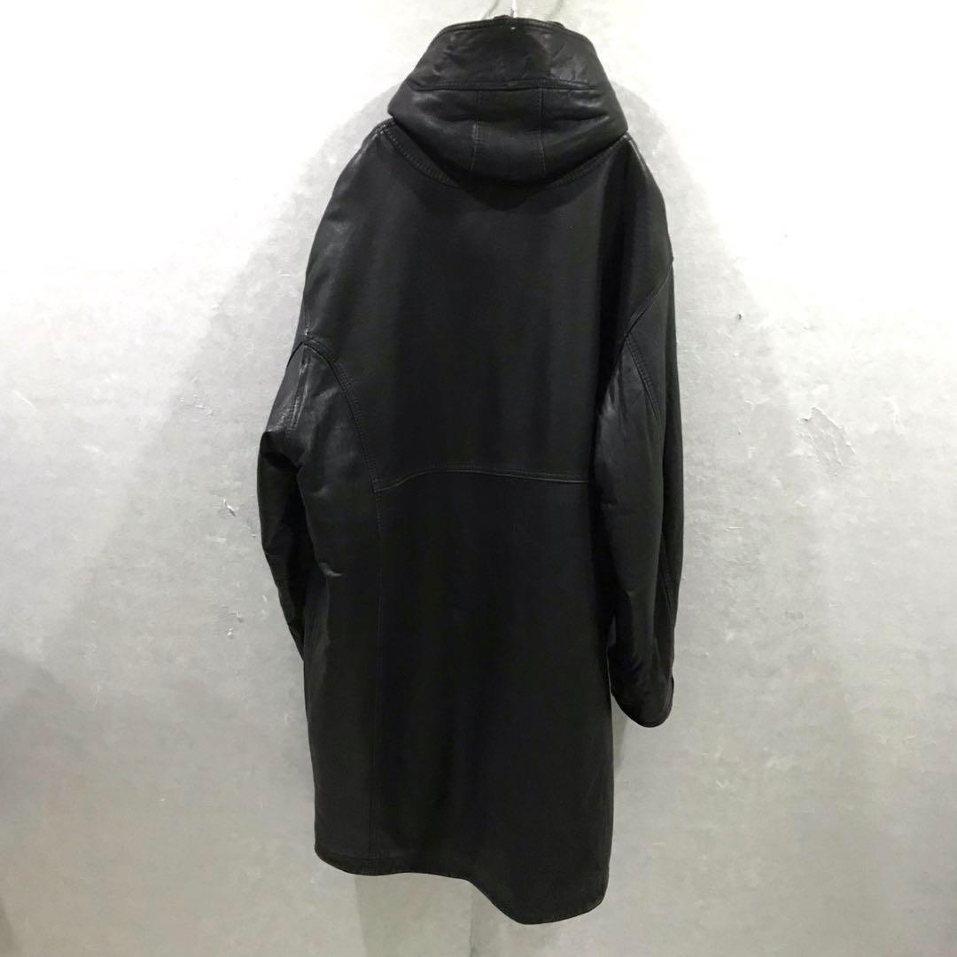 90s イタリア製 本革 ダッフル ロングレザーコート ブラック 44
