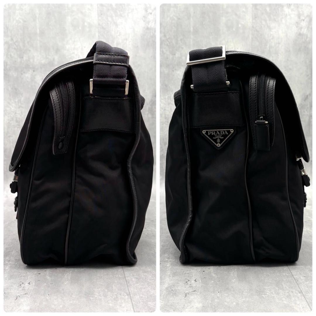 【美品/A4可】プラダ メッセンジャーバッグ　三角ロゴ　斜め掛け レザー　黒