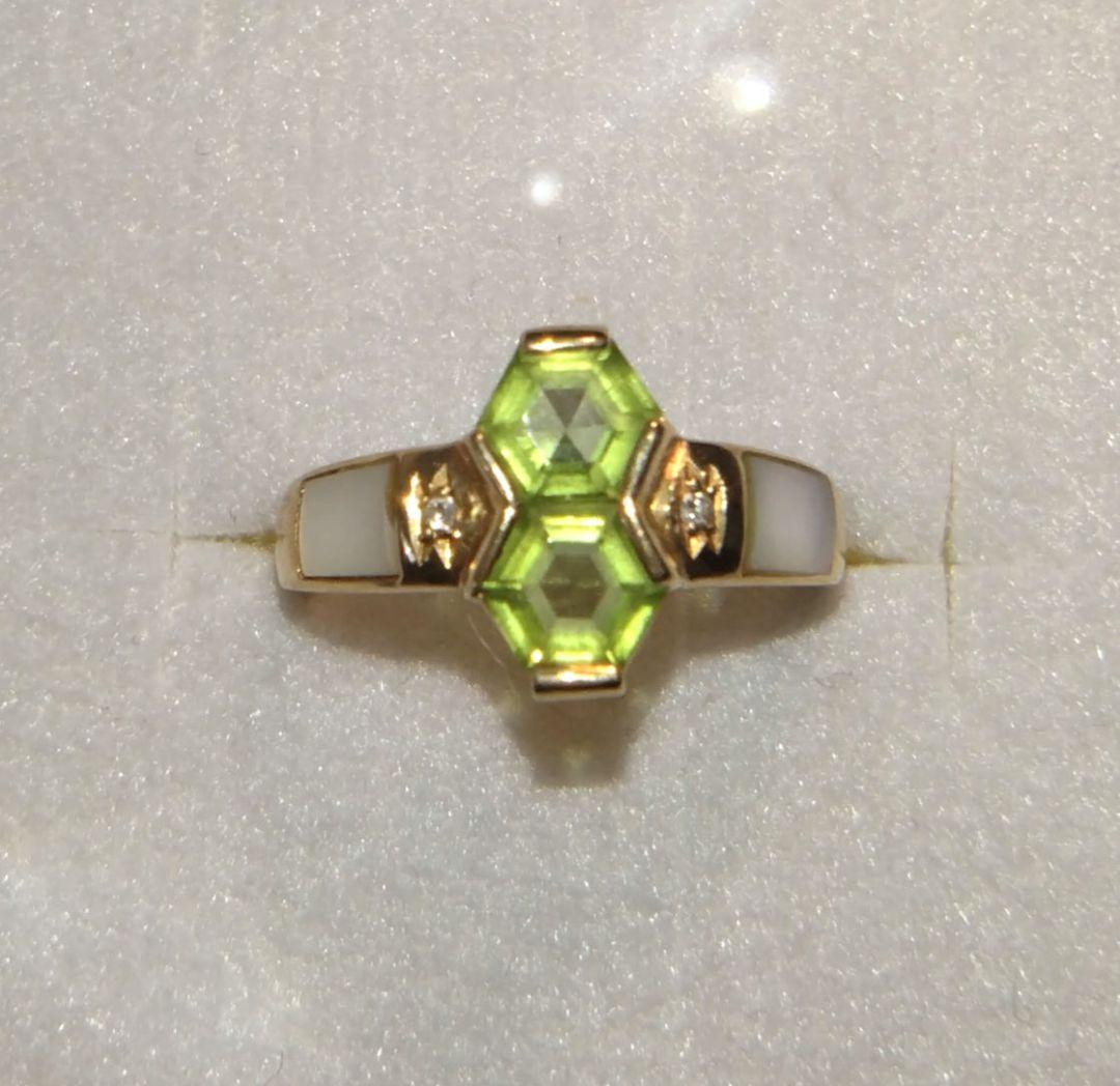 K18 ペリドット 白蝶貝 ダイヤ リング 11号