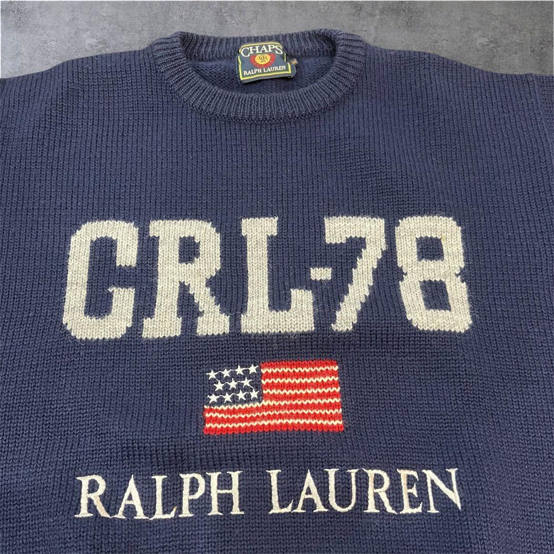 【希少】チャップス ラルフローレン 刺繍ロゴ ニット セーター 紺 M 90s
