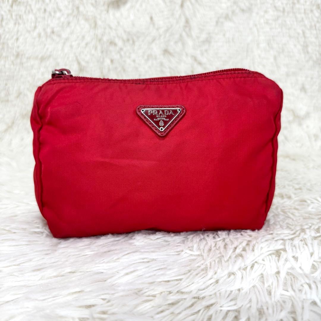 プラダ コスメポーチ サフィアーノ 化粧ポーチ 三角ロゴ ナイロン レザー 赤
