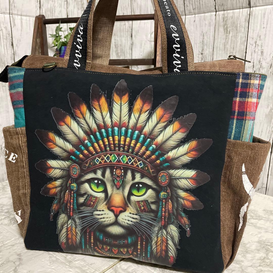 No.530 デニムリメイクバッグ　トートバッグ　キャットインディアン