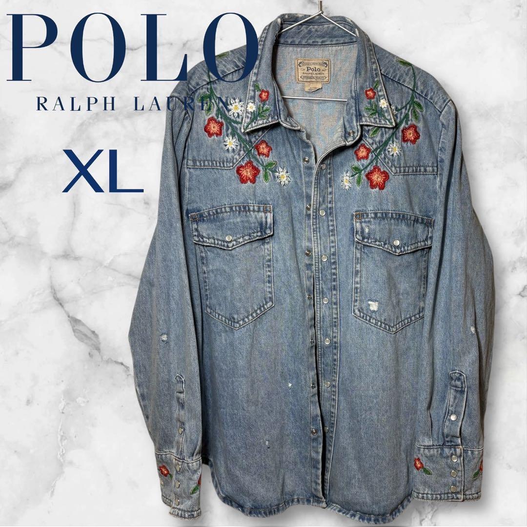 【美品】POLO ポロ ラルフローレン 花刺繍 デニムシャツ XL ビッグサイズ