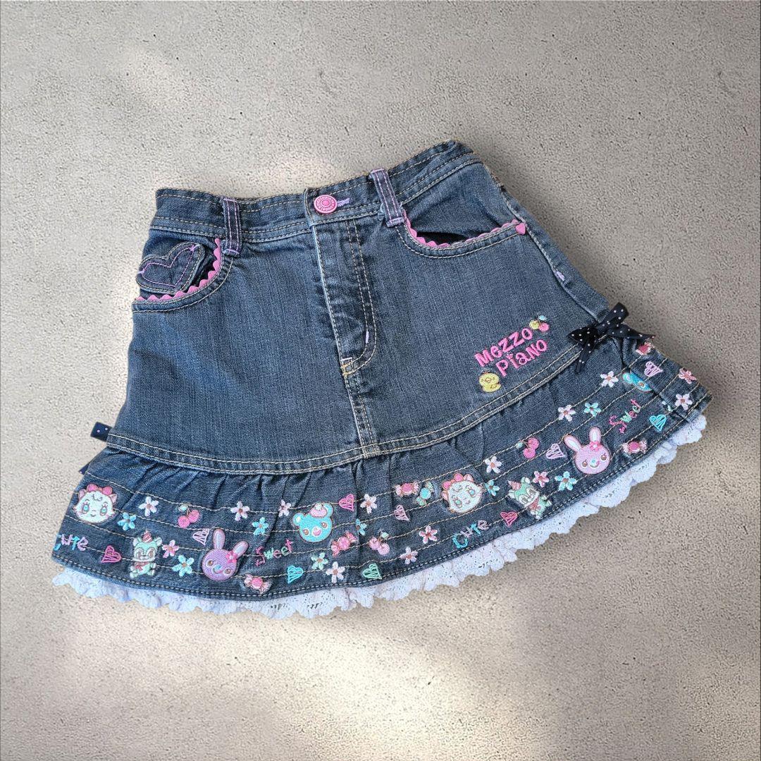 【当時物】Mezzo piano ミミポポちゃん デニムスカート刺繍 平成レトロ