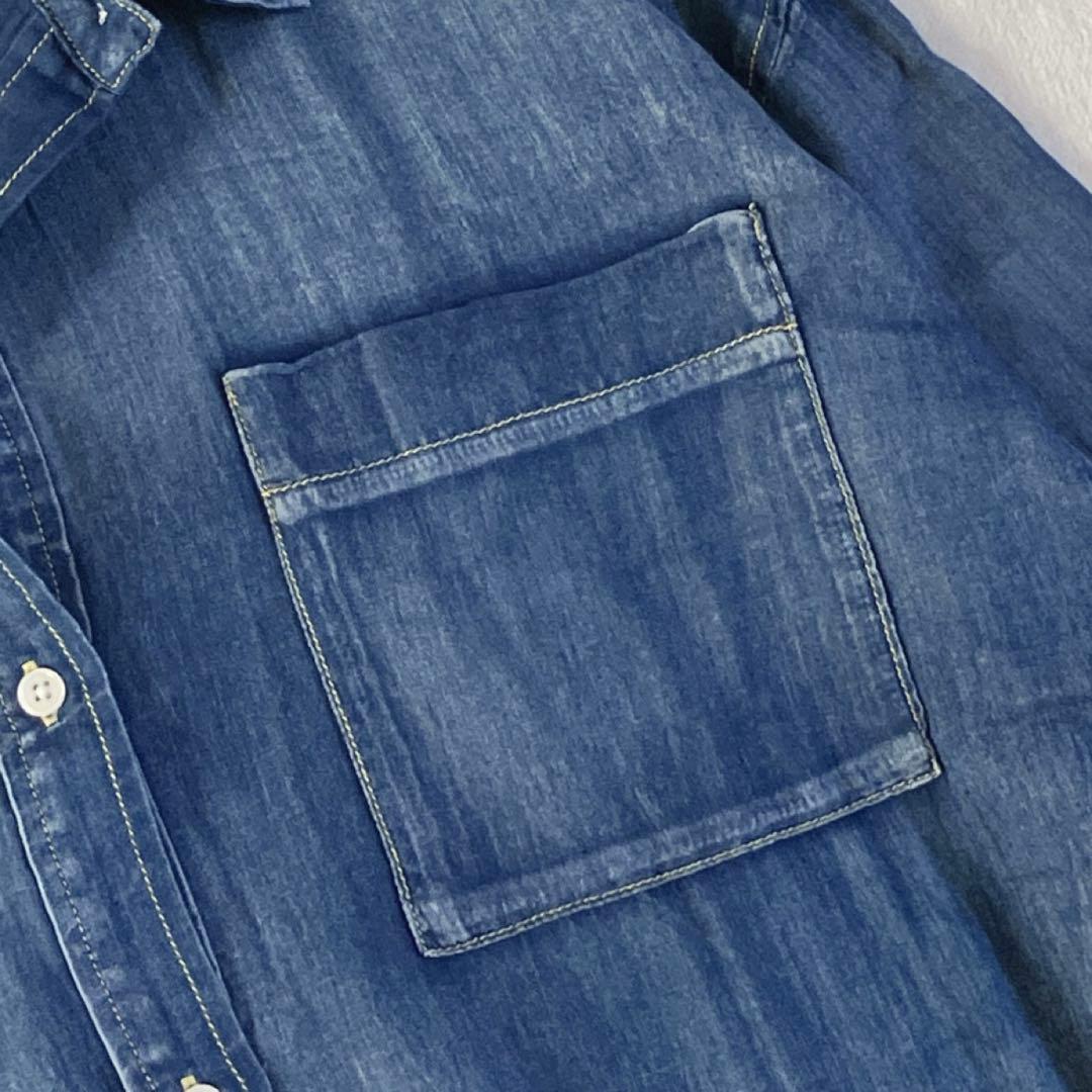 新品　DOUDOU 袖リブシアーデニムシャツ　ブルー