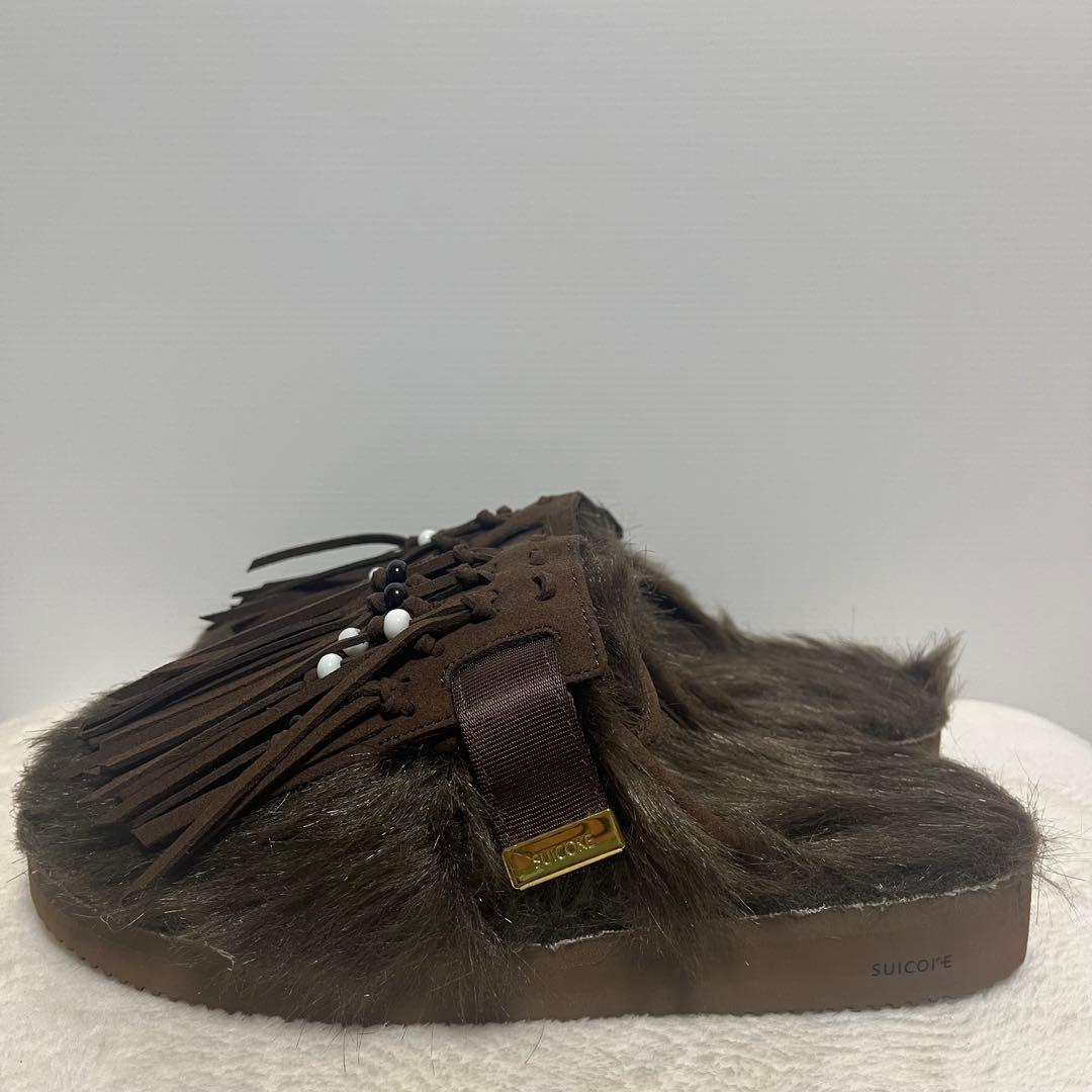 L'Appartment　[SUICOKE]ファー×フリンジサボサンダル　茶