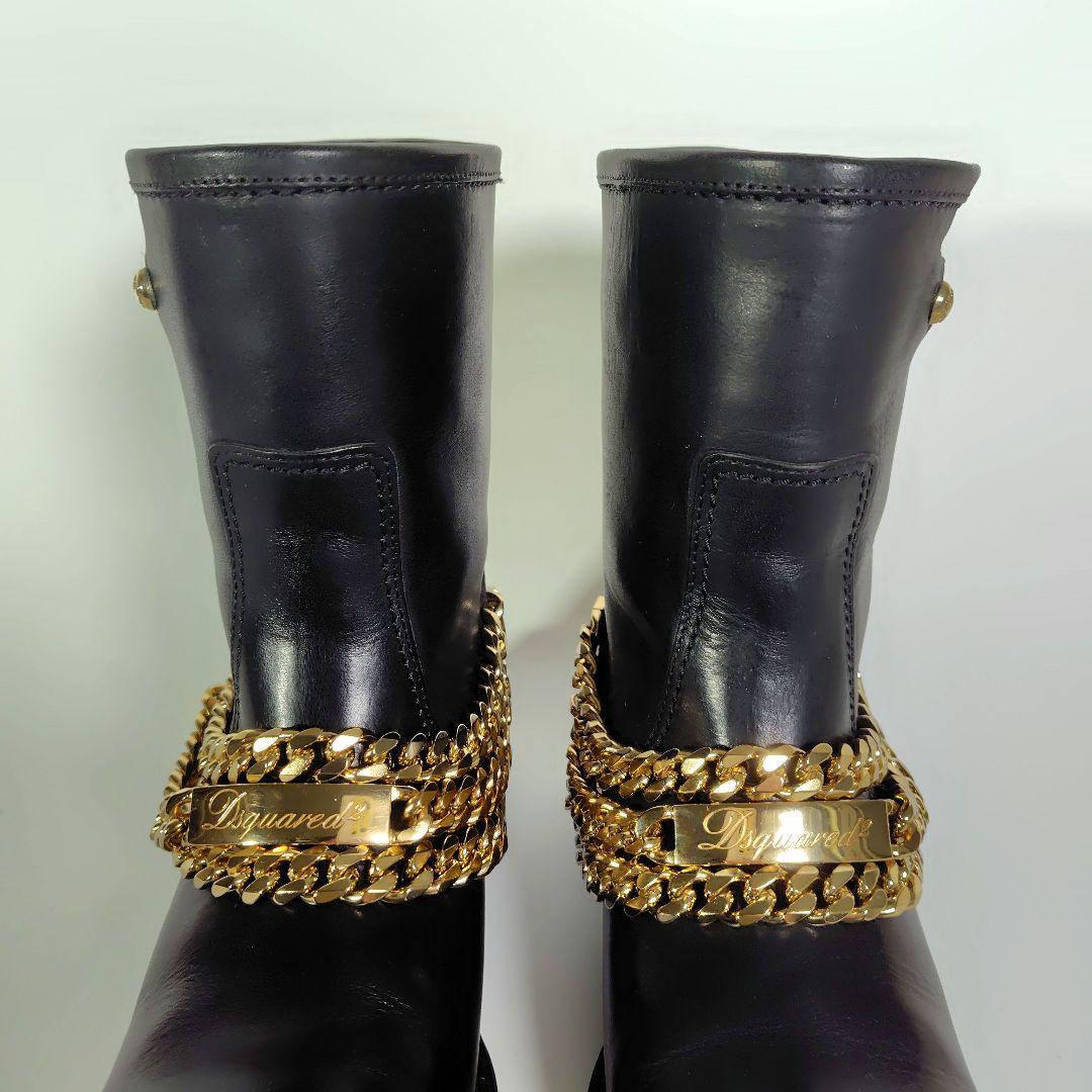 DSQUARED2 ゴールドチェーン レザー ブーツ 黒 37 モード