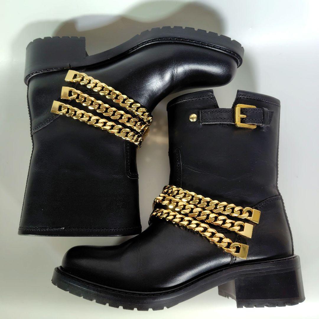 DSQUARED2 ゴールドチェーン レザー ブーツ 黒 37 モード