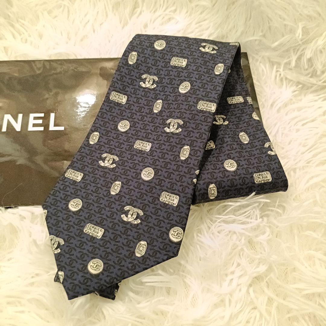 極美品✨️　CHANEL ネイビー　紺 ロゴ ネクタイ　シャネル　シルク