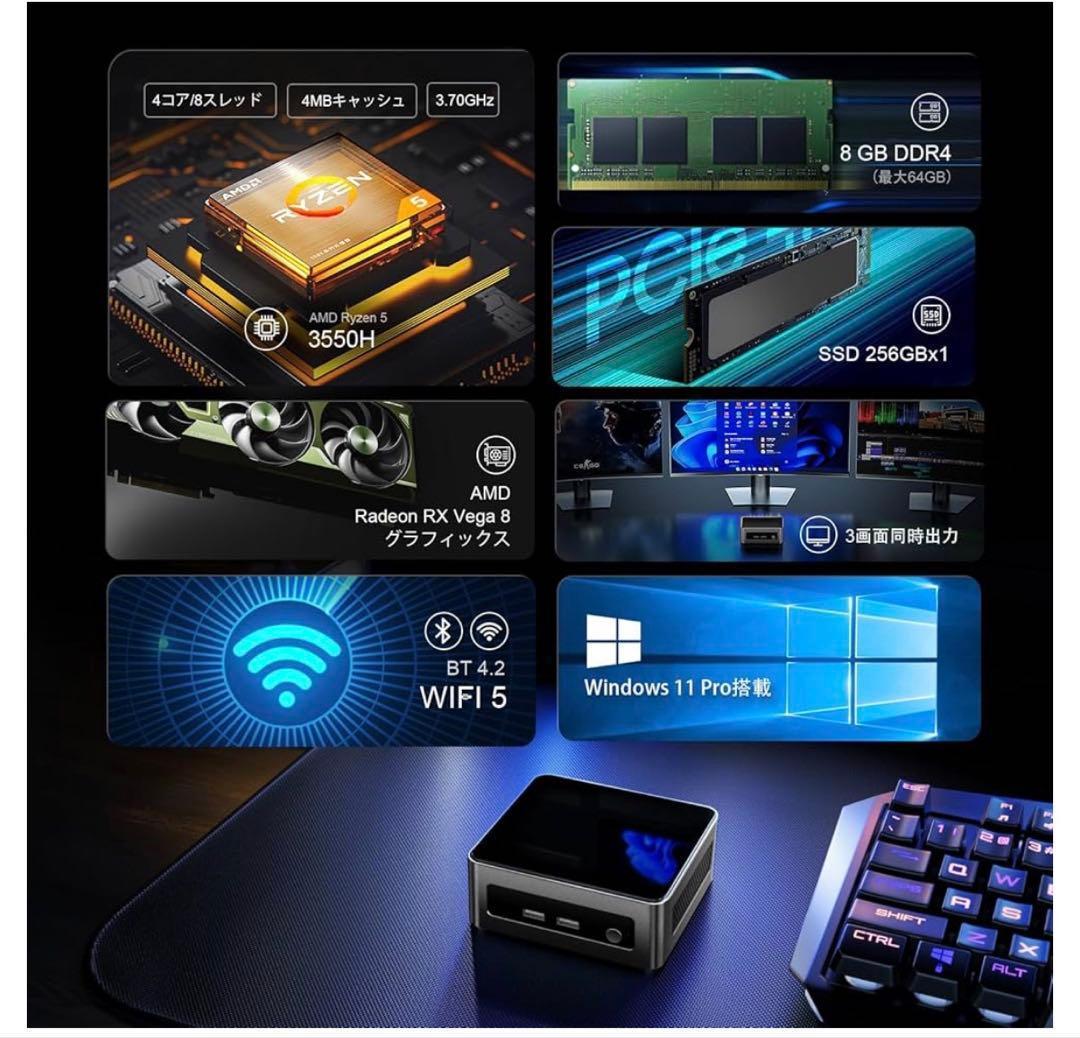 ミニPC Ryzen5 3550H 8GB 256GB 3画面 Win11Pro