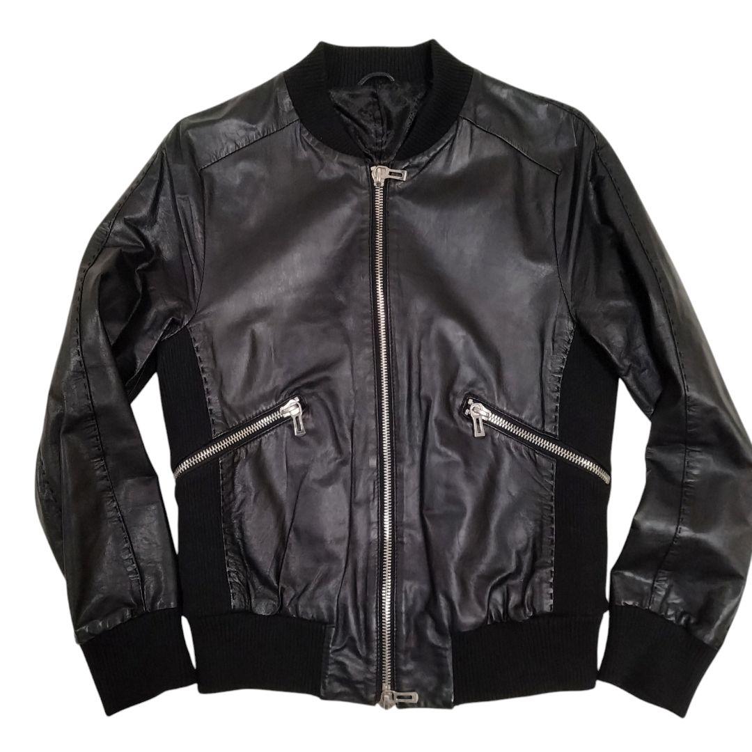 SHELLAC スリム 異素材切り替 ゴートレザー MA-1 ダブルジップ