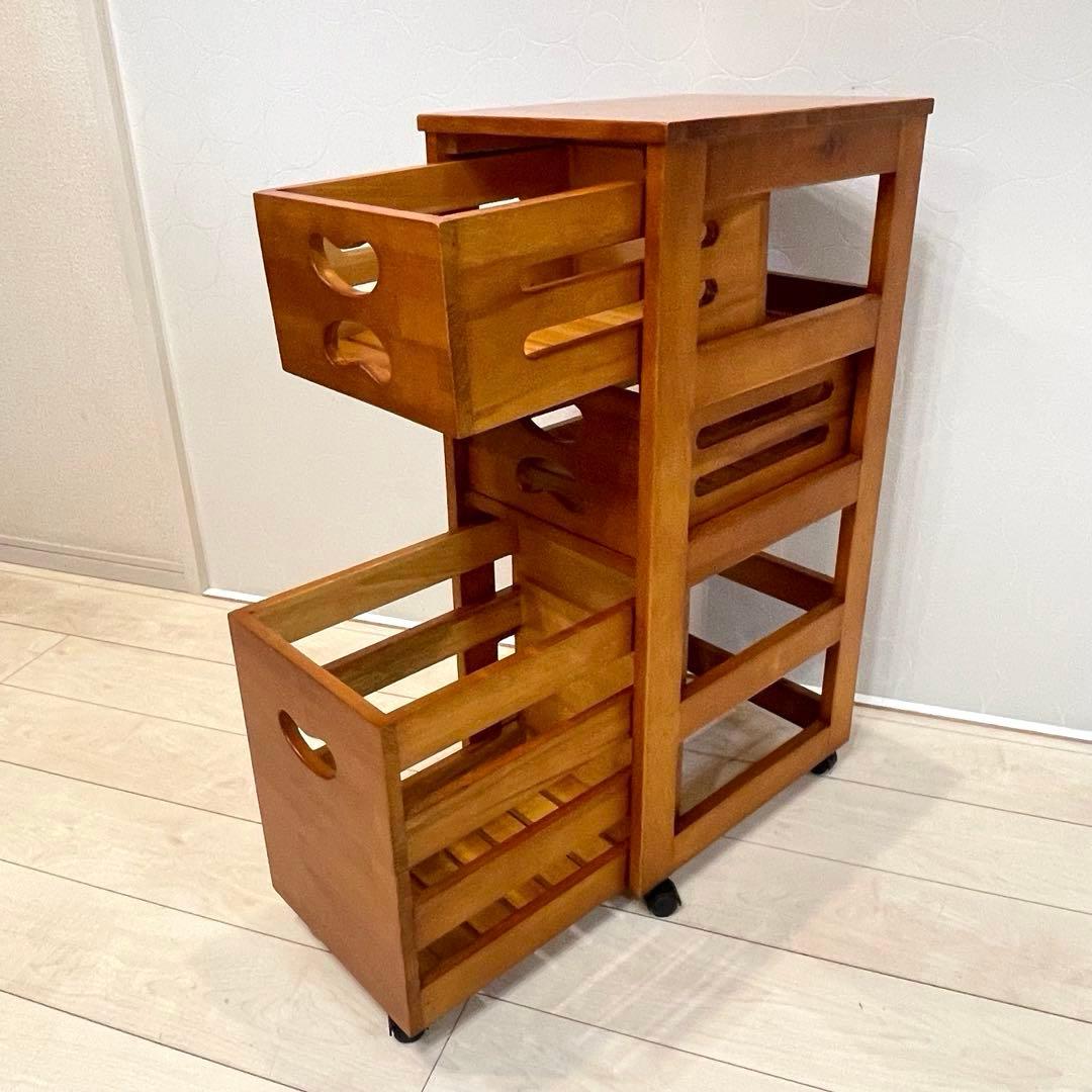 【美品】木製収納ラック 3段ワゴン キッチンラック キャスター付き 天然木