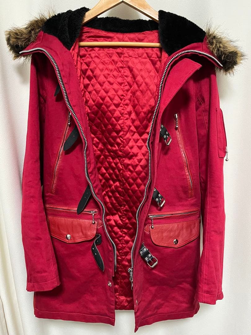 JIMSINN レザーパーツ使用 ベルト ファー付き ダック地 コート 赤 M