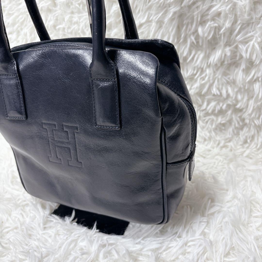 良品✨HIROFU ヒロフ レザー ハンドバッグ Hロゴ ネイビー ゴールド金具