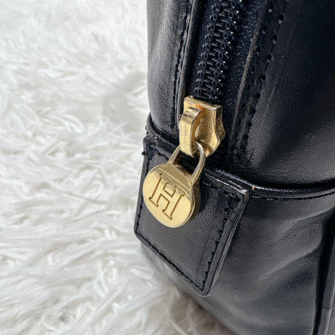 良品✨HIROFU ヒロフ レザー ハンドバッグ Hロゴ ネイビー ゴールド金具