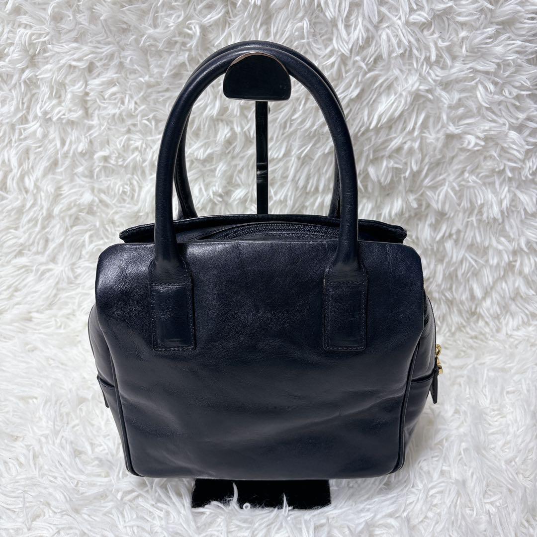 良品✨HIROFU ヒロフ レザー ハンドバッグ Hロゴ ネイビー ゴールド金具