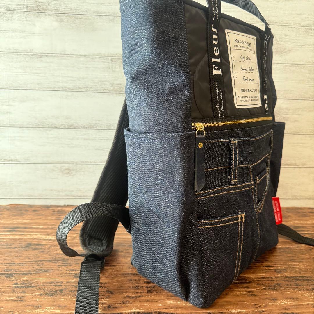 ☆デニムリメイク　ブラックひょうたんキルトとデニムのトートリュック☆