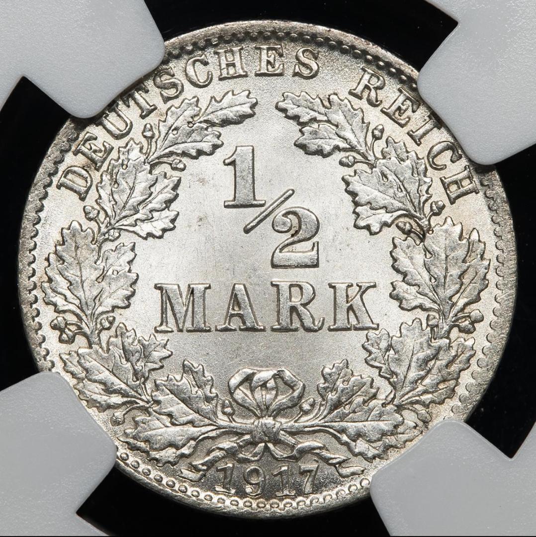 高鑑定　NGC-MS65　ドイツ帝国　1917D　 1/2Mark 　銀貨