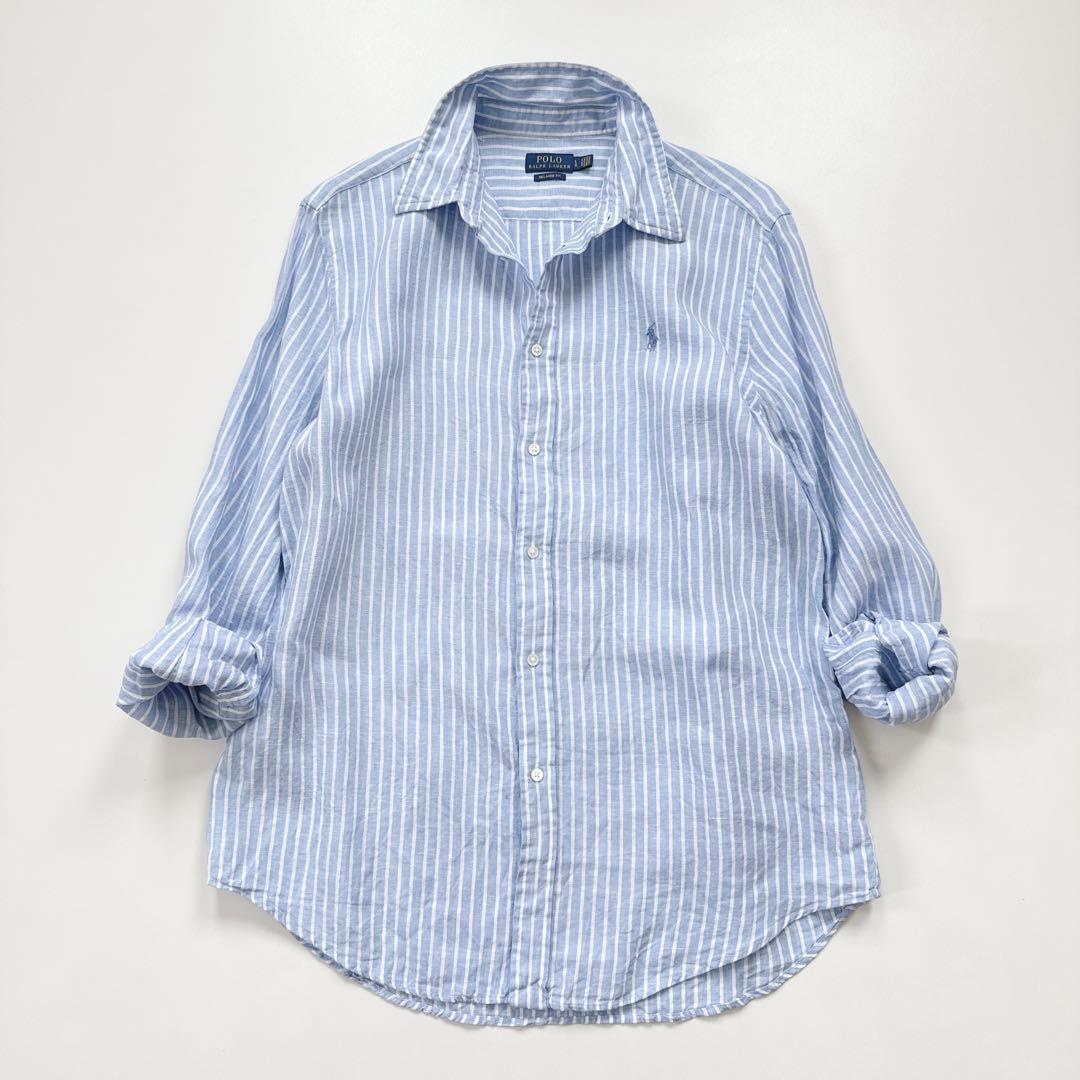 ラルフローレン リネンシャツ ストライプ ポニー刺繍 ライトブルー×ホワイト
