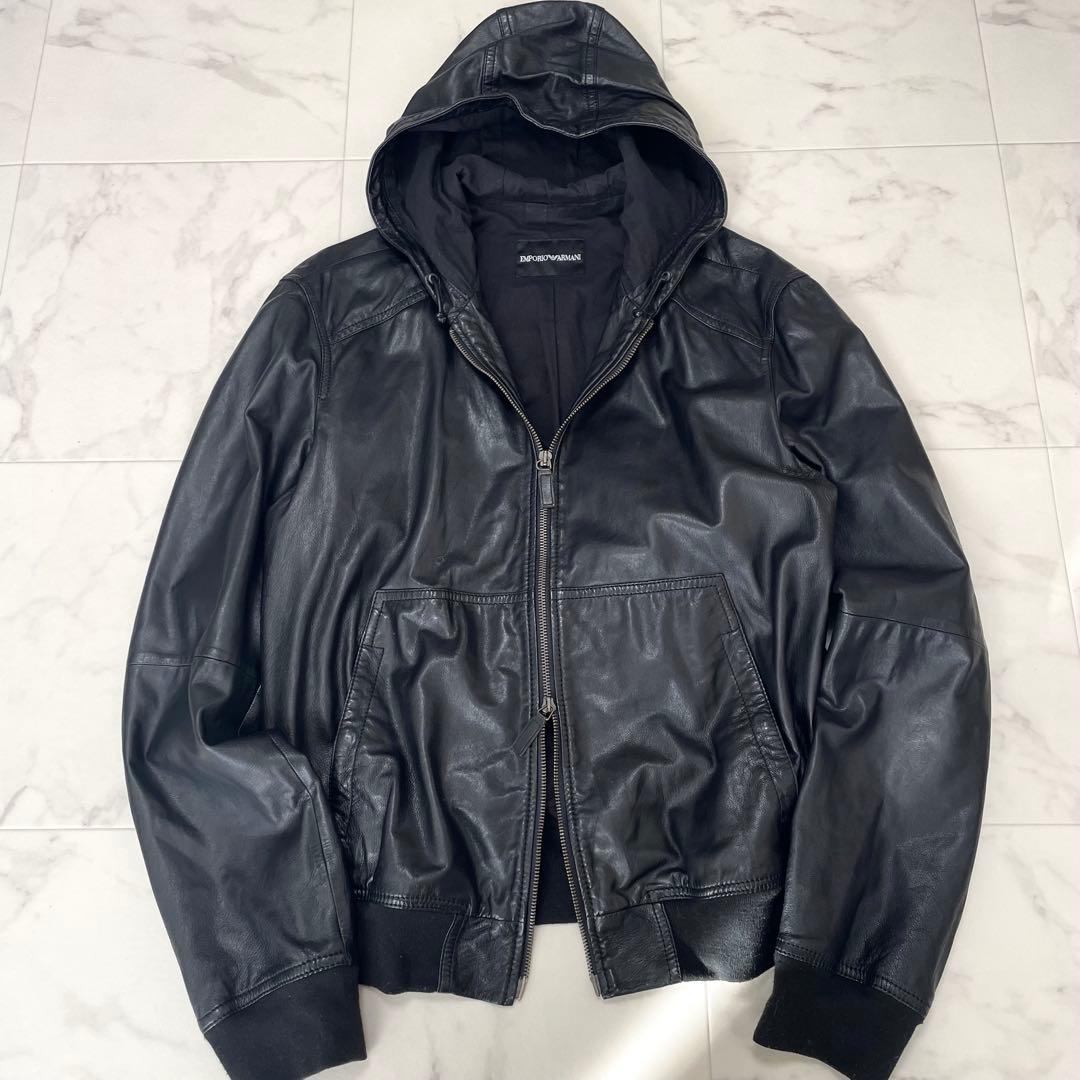 エンポリオアルマーニ 羊革 レザージャケット ブルゾン フード ブラック 50