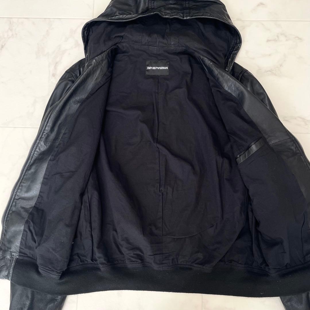エンポリオアルマーニ 羊革 レザージャケット ブルゾン フード ブラック 50