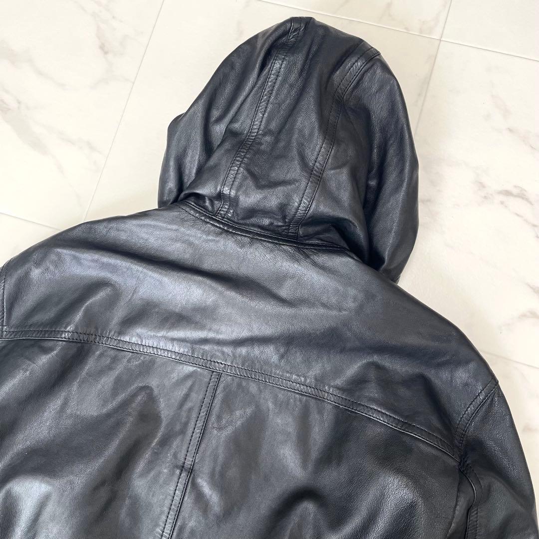 エンポリオアルマーニ 羊革 レザージャケット ブルゾン フード ブラック 50