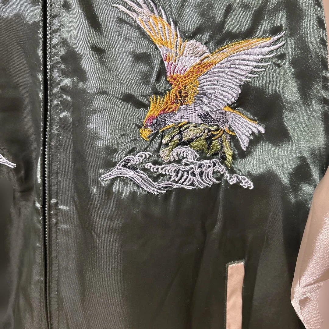 刺繍鷹デザイン スカジャン 緑と金