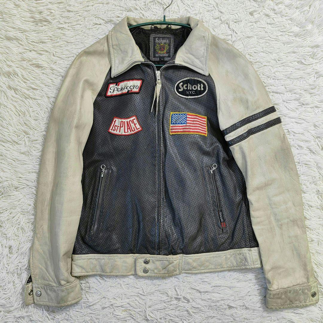 良品　Schott メッシュシングルライダースジャケット バイカラー M