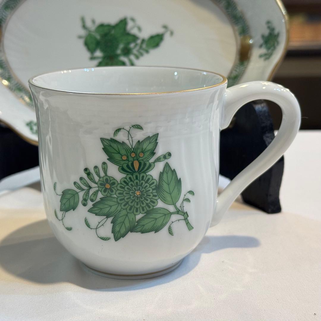 465＊ヘレンド アポニーグリーン カップ＆小皿 手描き
