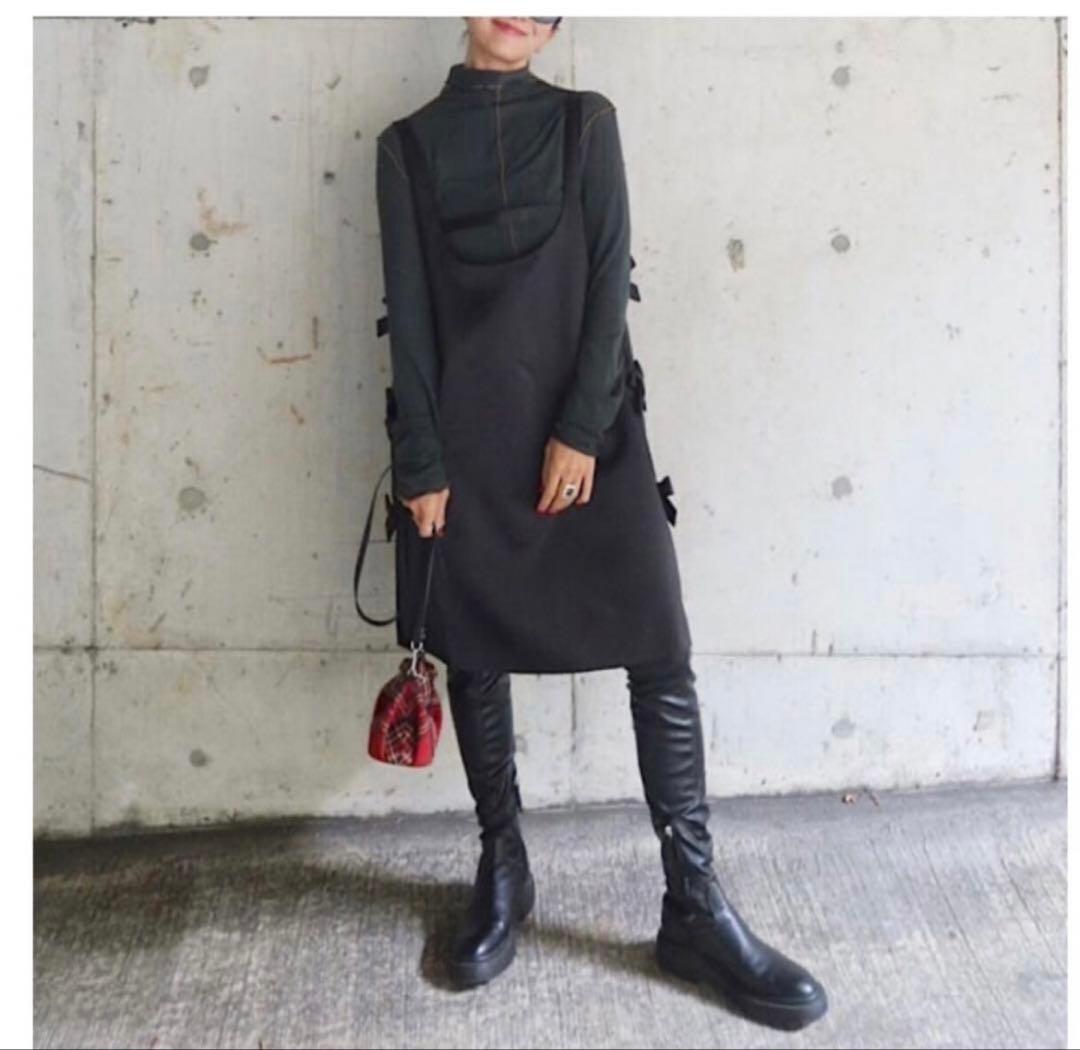 LINKABLE サテン　サイドリボン　ジャンパースカート　ブラック　黒