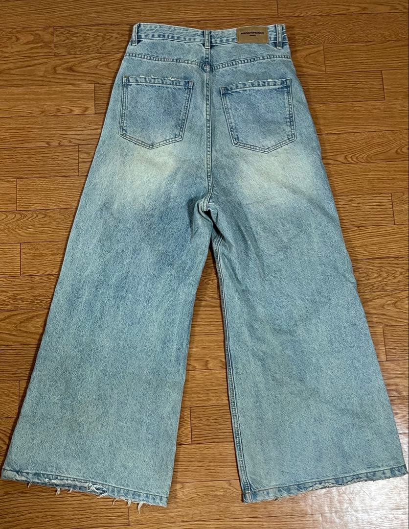 MASONPRINCE サイドベルト ワイドフレアデニムパンツ ライトブルー