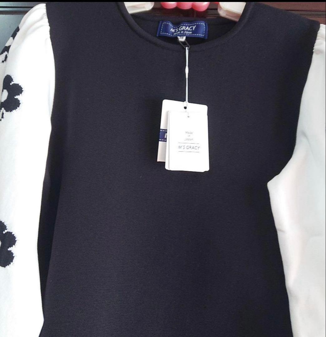 美品　エムズグレイシー　38 フラワー刺繍 袖ニットトップス