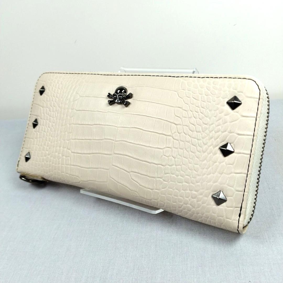 未使用マディジャックスープ★ジッピーロングウォレット クロコ型押しレザー本革 白