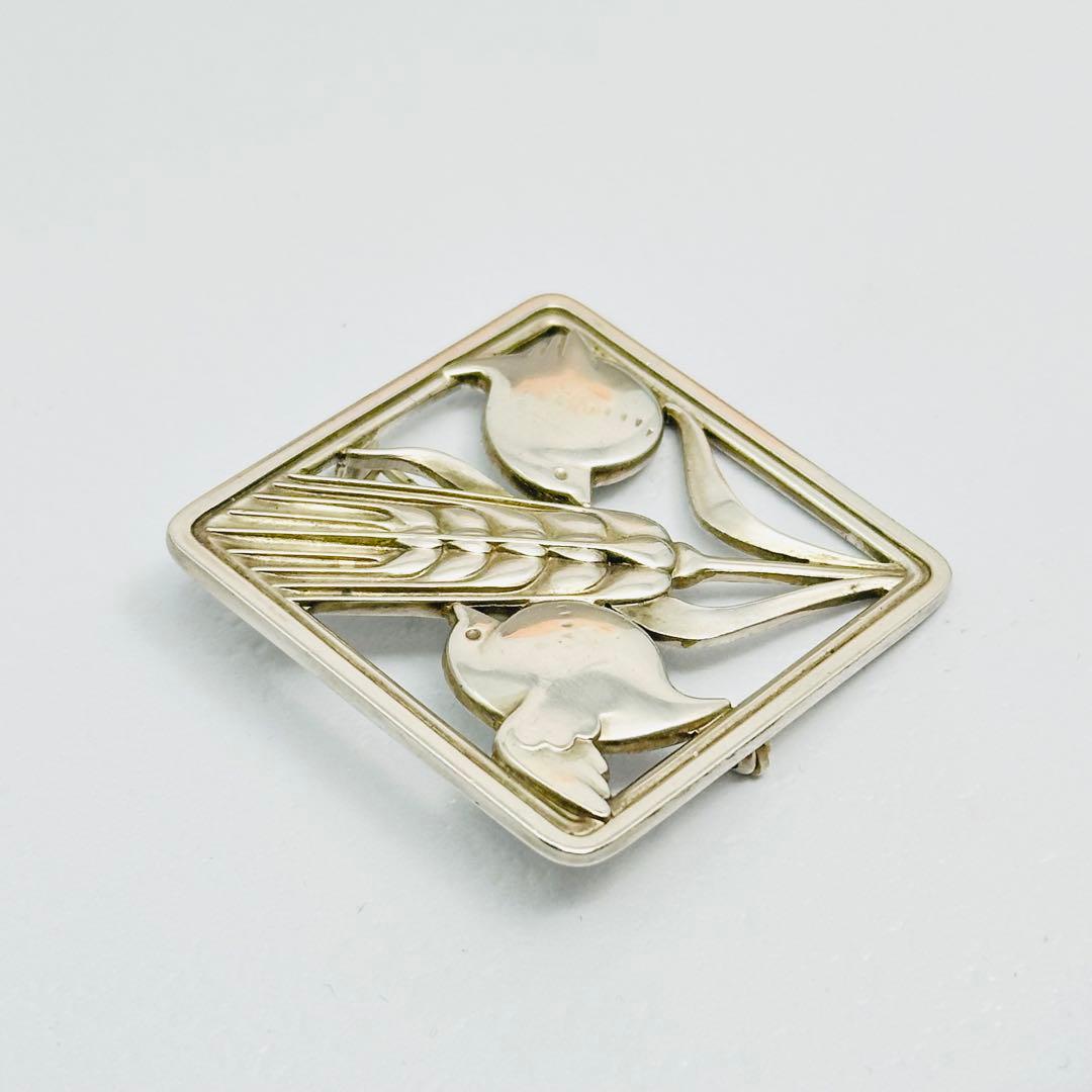   250 シルバーブローチ　スクエア　バード　小鳥　麦
