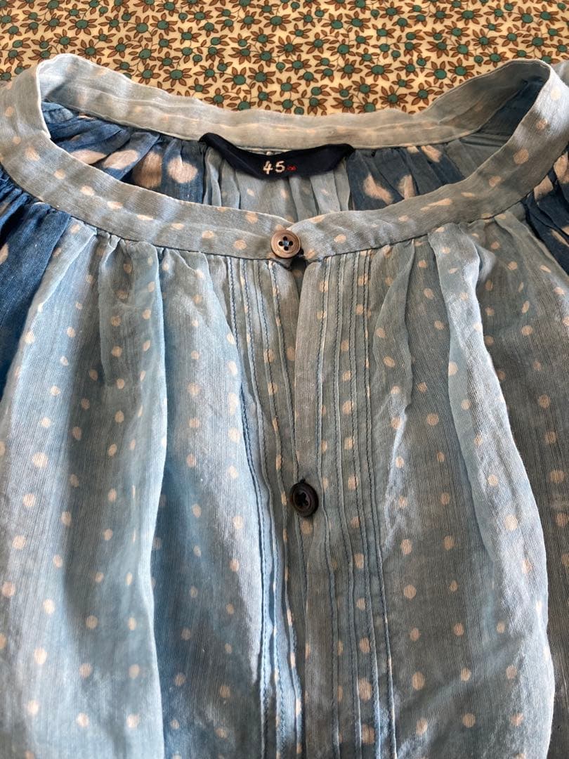 ◉45R シルク混インディゴドット柄パッチワークチュニックブラウス◉