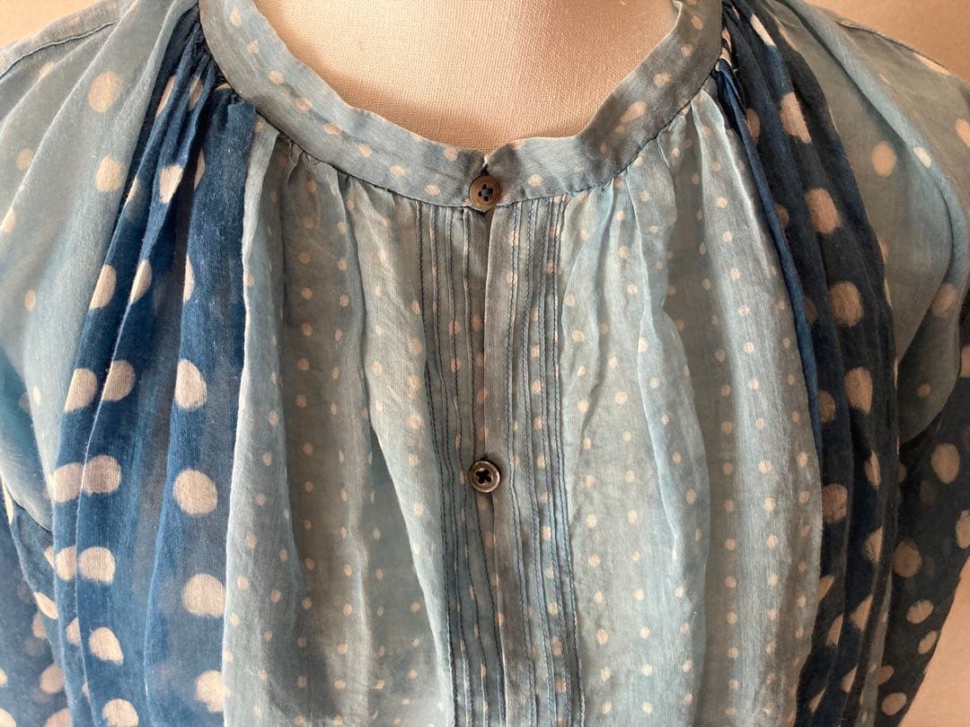 ◉45R シルク混インディゴドット柄パッチワークチュニックブラウス◉