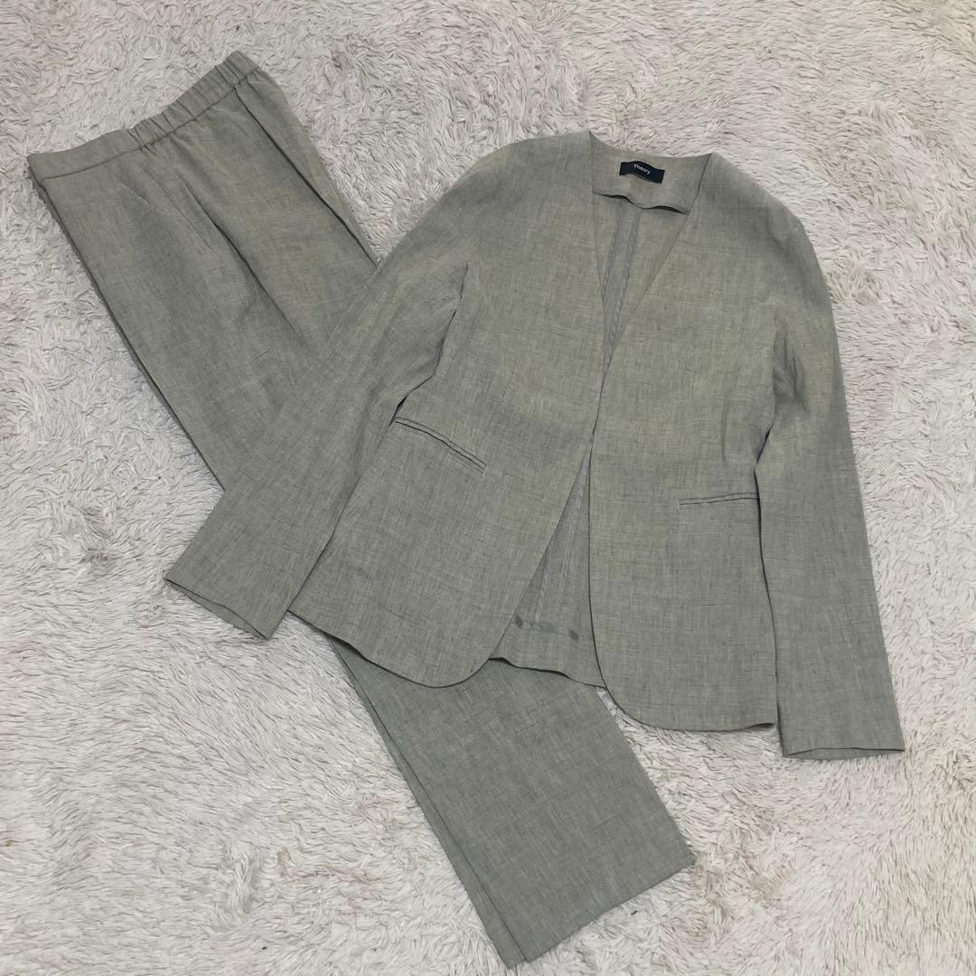 theory リネン コットン ノーカラージャケット パンツ