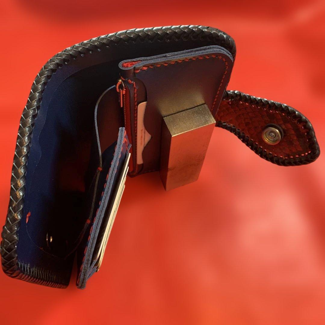 ハンドメイドレザークラフトレッドパイソンミドルウォレット牛革紺色牛レース編み紺色